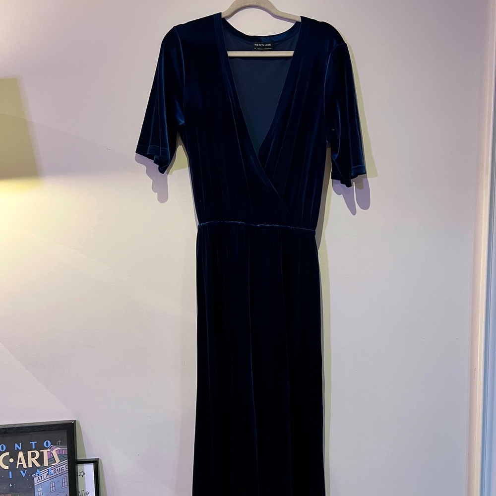 Navy blue velvet wide leg jumpsuit M